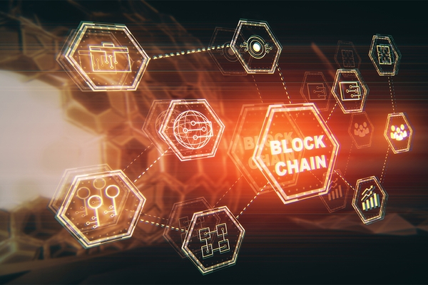 Blockchain technology network concept with digital hexagon icons and glowing data connections